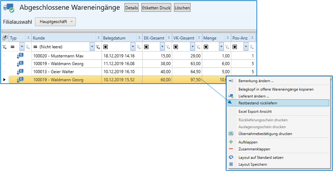 Rücklieferung / Restbestand / Ware